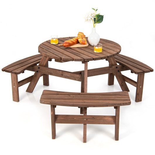 6 Person Wooden Picnic Table Set with Bench and Umbrella Hold at Costway