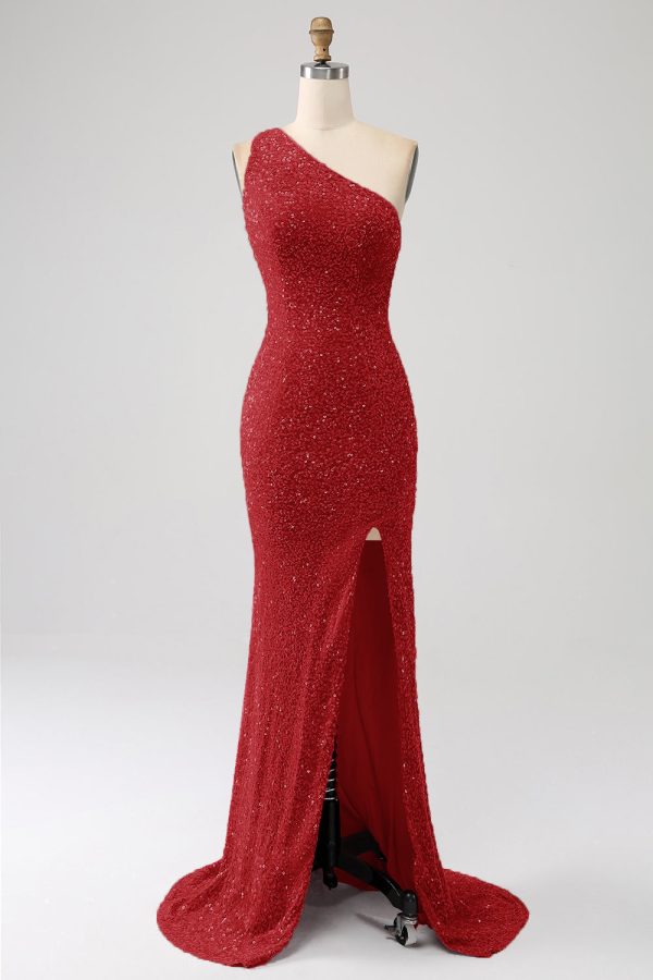 Fuchsia Mermaid One Shoulder Sparkly Sequins Prom Dress with Slit - Red / US8 at Zapaka