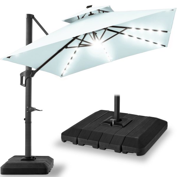 2-Tier Square LED Cantilever Offset Umbrella w/ 360 Rotation, Base - 10x10ft - Baby Blue at Best Choice Products
