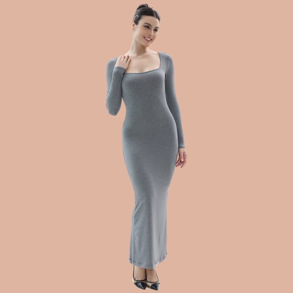 Vibecurve® Women's Long Sleeve Dress Ribbed Square Neck Dresses Bodycon Maxi Dresses, XL · Grey