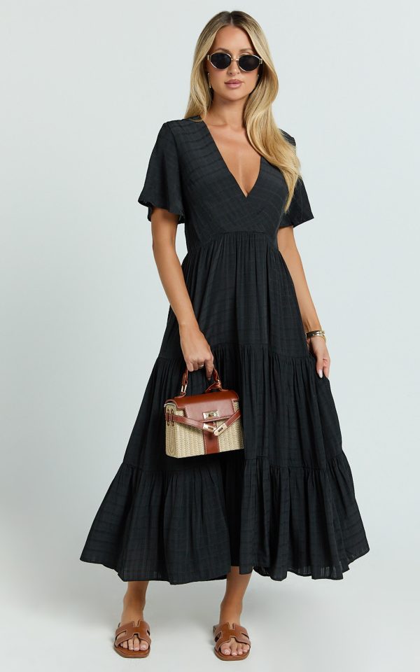 Cryzel Midi Dress - Flutter Sleeve Tiered Dress in Black at Showpo