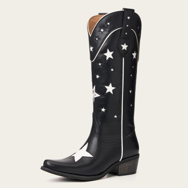 The Hensley - Black Star Cut-Out Snip Toe Cowgirl Boots with Side Zipper - US 9 at REDTOP