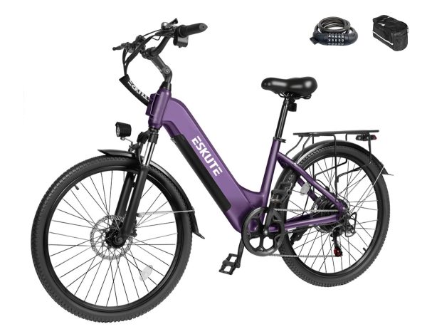 Eskute® C200 ST City Commuter Electric Bike - Purple / Bike with Phone Bag& Bike Lock at Eskute Ebikes