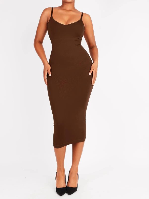 Shapewear Sleeveless Sculpting Dress Set - Spaghetti Strap V-Neck Dress / Brown / XS/S at Popilush