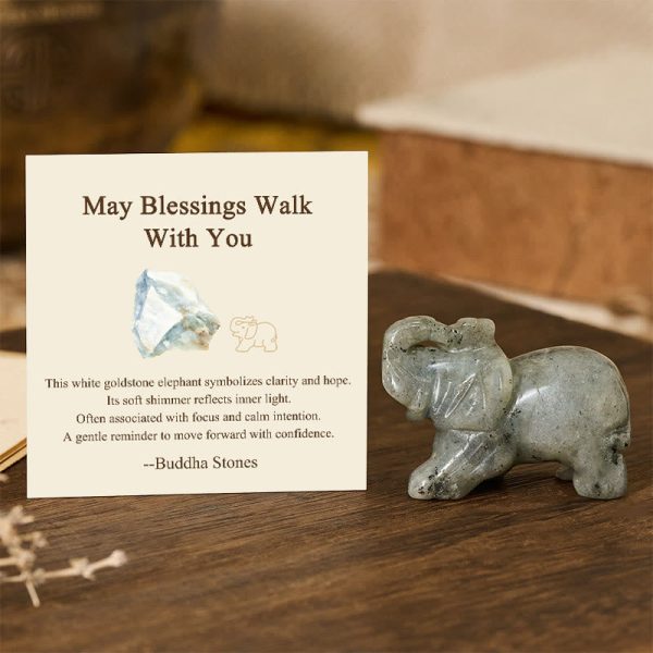 Buddha Stones ''May Blessings Walk With You'' Natural Small Elephant Amazonite Amethyst Jade Black Obsidian Stone Decoration Includes Gift Message Card - White Goldstone 53.92.5cm / Standard Gift Box at buddhastoneshop