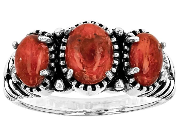 Red Coral Three-Stone Oxidized Sterling Silver Ring 7x5mm & 6x4mm at JTV Jewelry