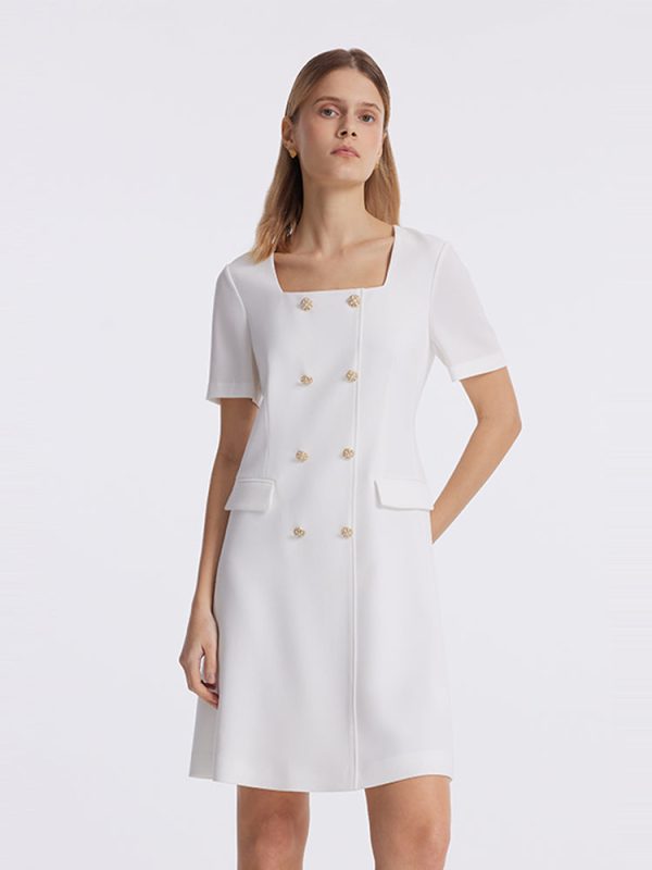 Triacetate Square Neck Double-Breasted Women Mini Dress - White / L at GOELIA
