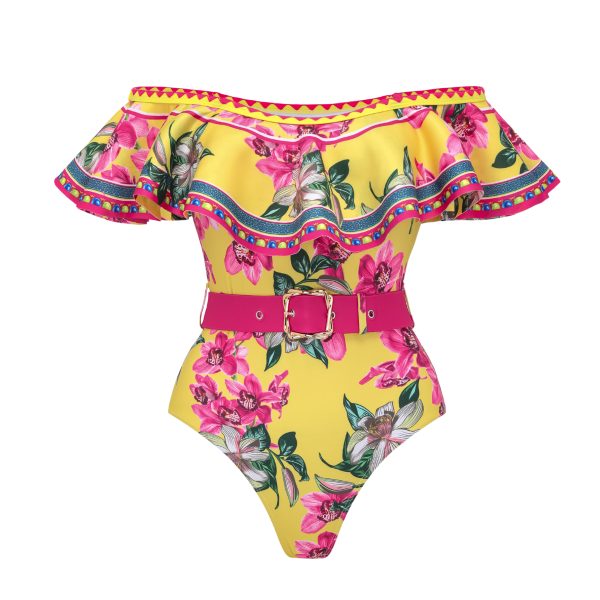 Bandeau Ruffled Orchid Print One Piece Swimsuit and Skirt, Only swimsuit · L at Vibecurve