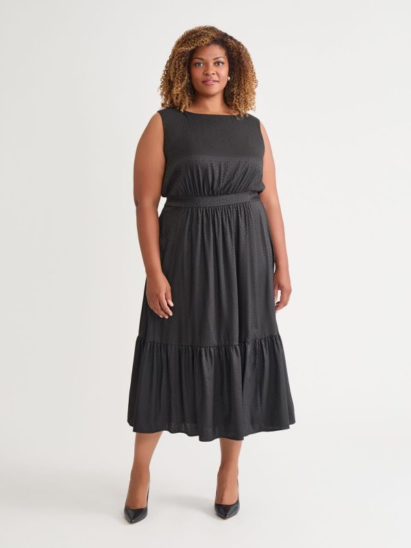 Sleeveless Boat Neck Tiered Dress, Black at Kasper Clothing