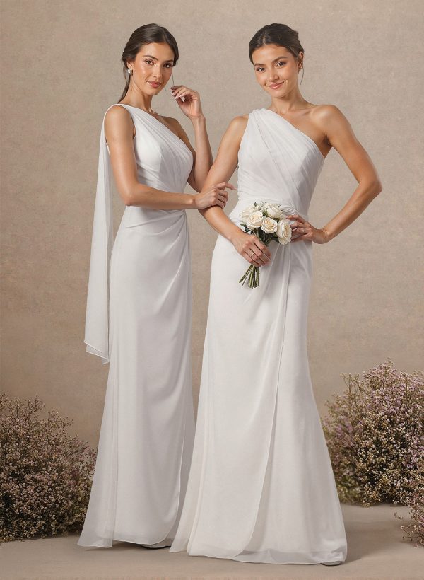 Sheath/Column One-Shoulder Sleeveless Floor-Length Chiffon Bridesmaid Dresses at Missacc