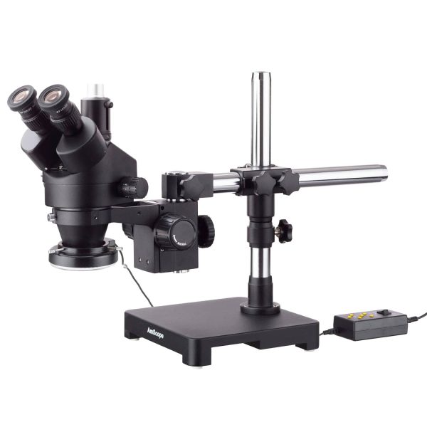 AmScope SM-3T-144A-B Trinocular Stereo Microscope with 45X Magnification and LED Light Source on a Single Arm Boom Stand
