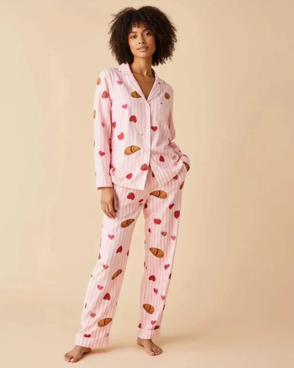 Strawberry Croissant Print Pink Pajama Set - Almond / M at Omfort