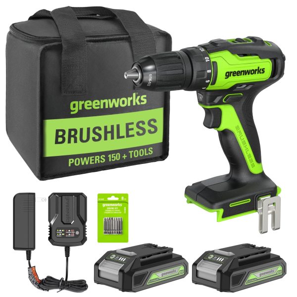 24V Brushless 1/2" 310 in/lbs Drill Kit: (2) 2Ah Batteries and Charger, 8-piece Bit Set and Tool Bag Included at Greenworks Tools