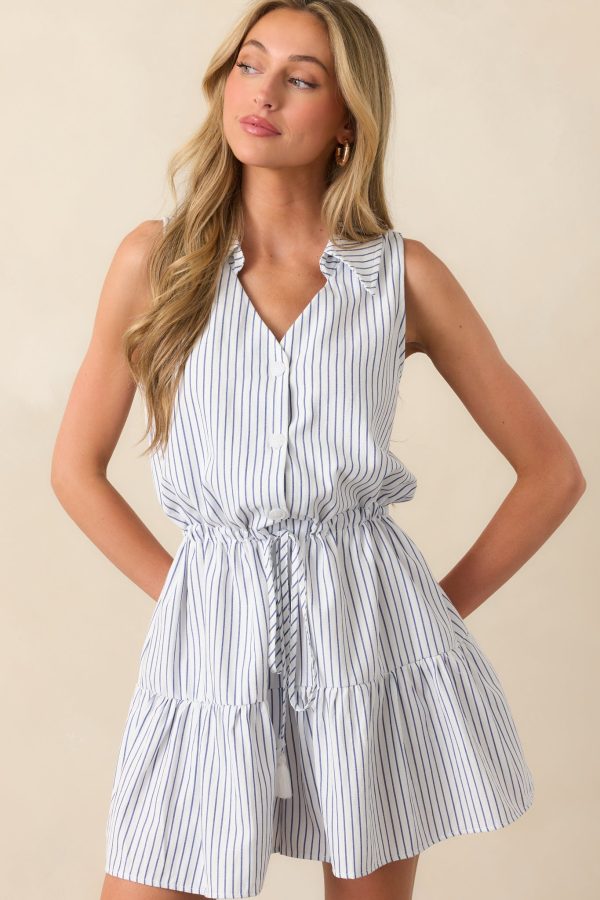 Every Summer Blue Stripe Cotton Sleeveless Romper - L / Blue at Red Dress