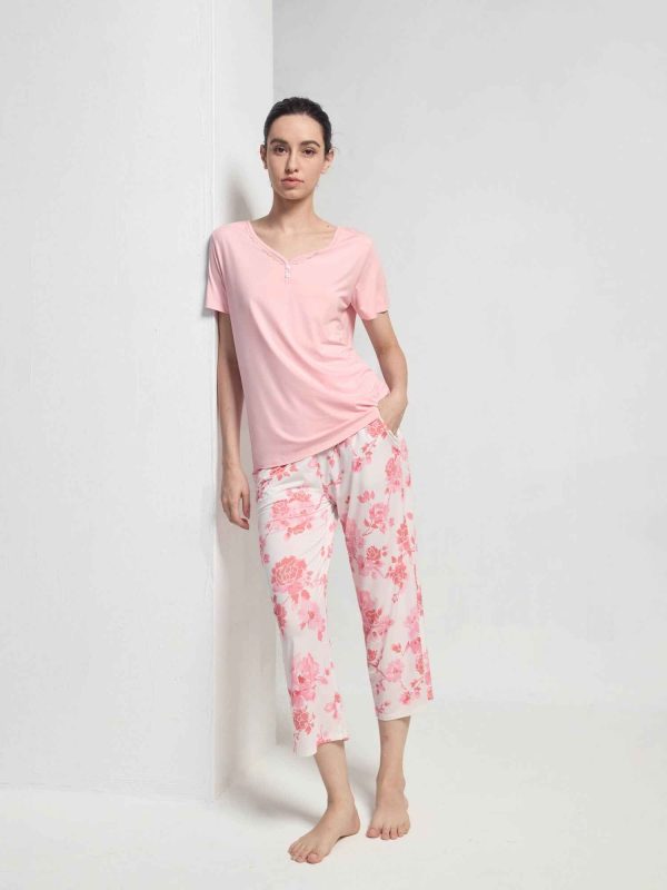 Women's GYS Premium™ Bamboo Lace V-Neck Capri Set - Sunset Peony / 2XL