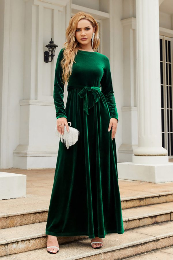 Black A Line Jewel Neck Velvet Floor Length Party Dress - Green / L at Zapaka