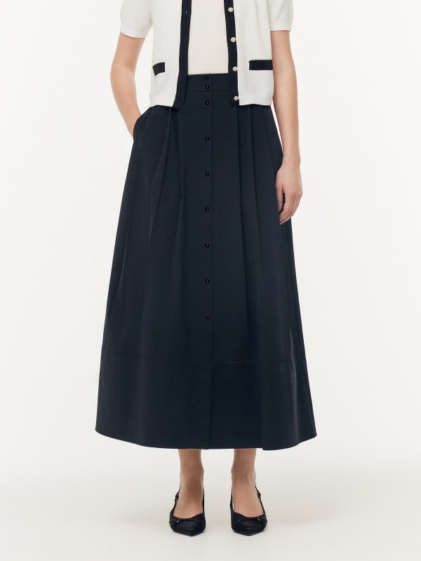 A Line Elastic Waist Pleat Women Maxi Skirt at GOELIA