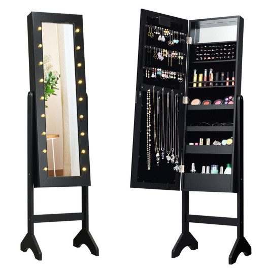 Mirrored Jewelry Cabinet Armoire Organizer w/ LED lights-Black at Costway