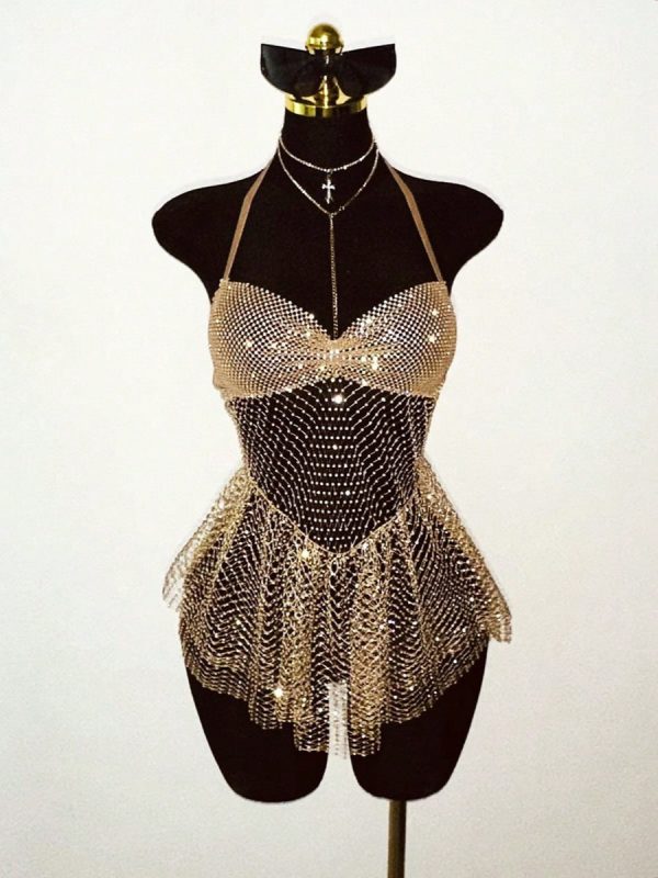Rhinestone Mesh Halter Bodycon Mini Dress with Mesh Fringe Hem - Gold / S/4-6 at AVIDLOVE