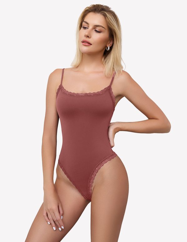 Square Neck Lace Bodysuit Tank Top - Purple Red / XL at AVIDLOVE