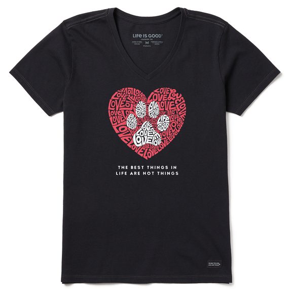 Life is Good Women's Best Things Paw Heart Crusher Vee Short Sleeve T-Shirt in Faded Black Size XL | 100% Cotton