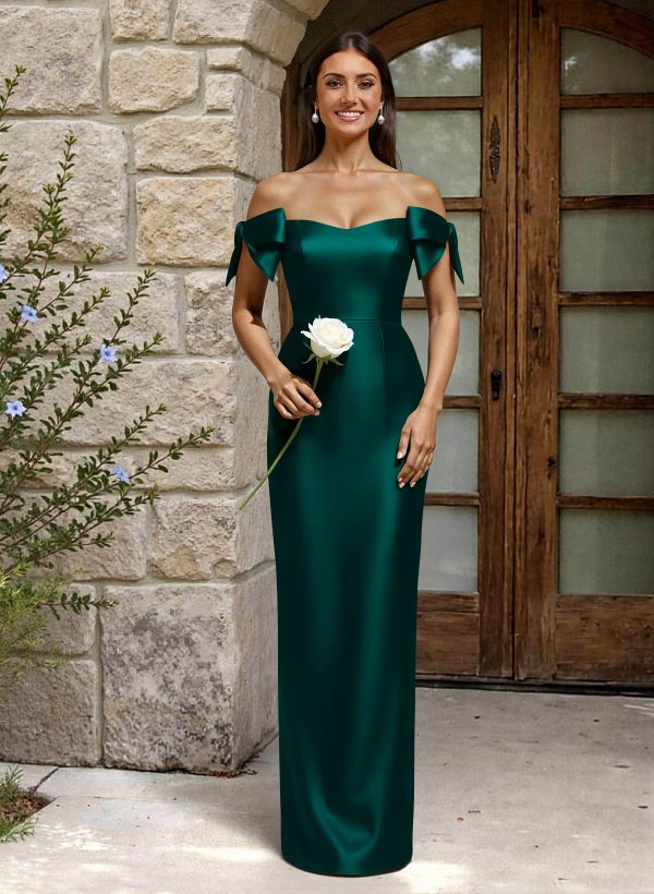 Sheath/Column Off-The-Shoulder Floor-Length Satin Bridesmaid Dresses With Bow(s) at Missacc