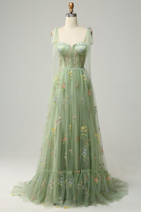 Lavender A Line Spaghetti Straps Corset Long Prom Dress With Embroidery - Green / US26W at Zapaka