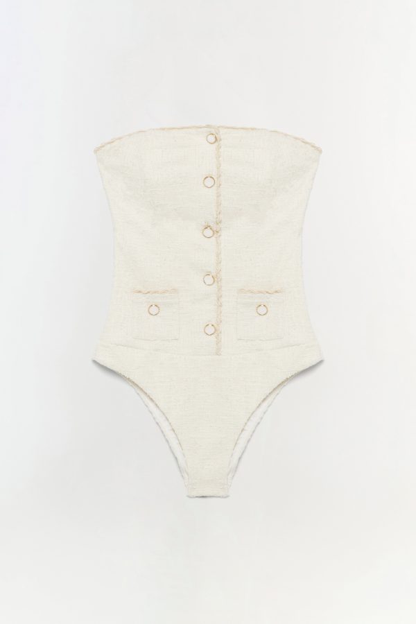 SIMKHAI Women's Natalie Strapless One Piece Swimsuit in Ivory, Size Large