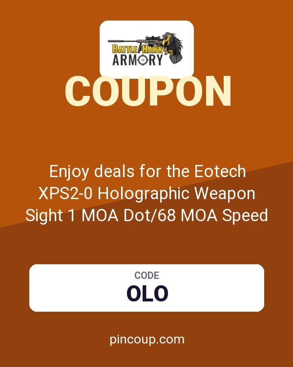 BattleHawk Armory coupon: Enjoy deals for the Eotech XPS2-0 Holographic Weapon Sight 1 MOA Dot/68 MOA Speed Ring Quick Detach Mount Black with the promo code HOLO at checkout.