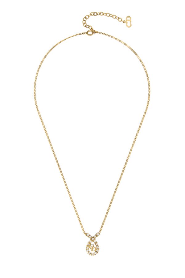 Women's Christian Dior Gold Crystal Logo Necklace in Gold at What Goes Around Comes Around