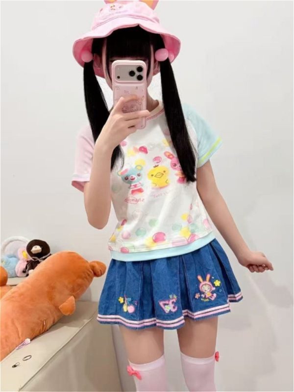 Girls Slim Subculture Two Piece Outfits Y2K Kawaii Japanese Printed Short Crop Tops Mini Skirts Vacation Vintage Casual Sets at AliExpress