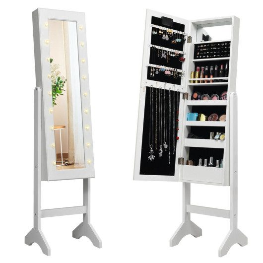 Mirrored Jewelry Cabinet Armoire Organizer w/ LED lights-White at Costway
