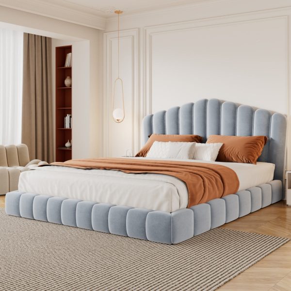 Streamdale Velvet Queen Bed Frame with Shell-Shaped Headboard, Light Blue at Shop Simon