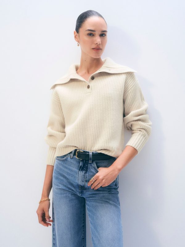 White & Warren Cashmere Blend Collared Henley Sweater in Ivory size Small at White and Warren