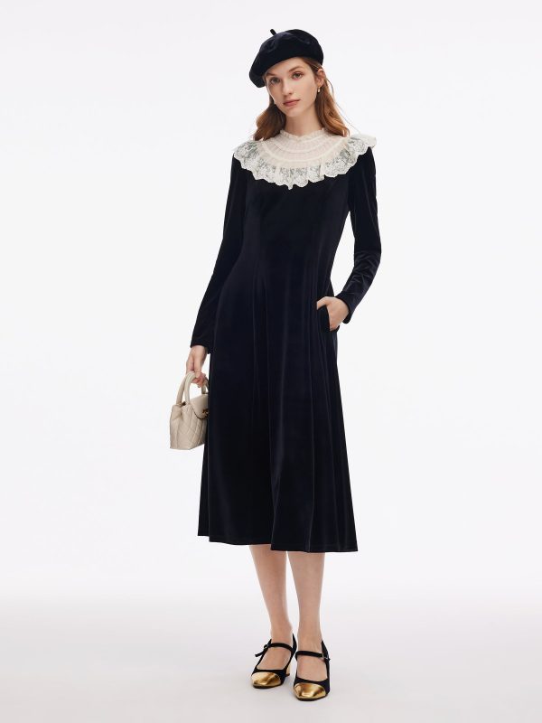 Velvet Sheer Lace Collar Women Midi Dress With Beret at GOELIA