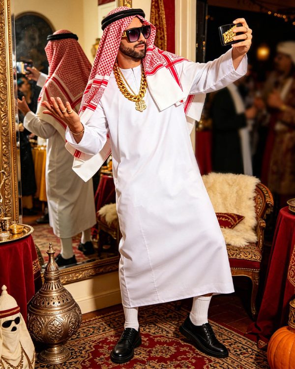 Arabian Sheikh Costume Robe Set with Headscarf and Accessories - White / M/6-8 at AVIDLOVE