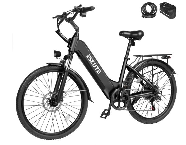 Eskute® C200 ST City Commuter Electric Bike - Black / Bike with Phone Bag& Bike Lock at Eskute Ebikes