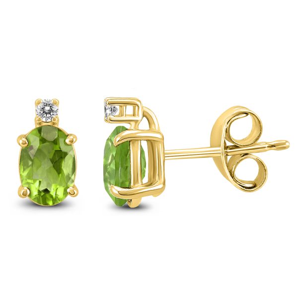 14K Yellow Gold 8x6MM Oval Peridot and Diamond Earrings at Szul.com