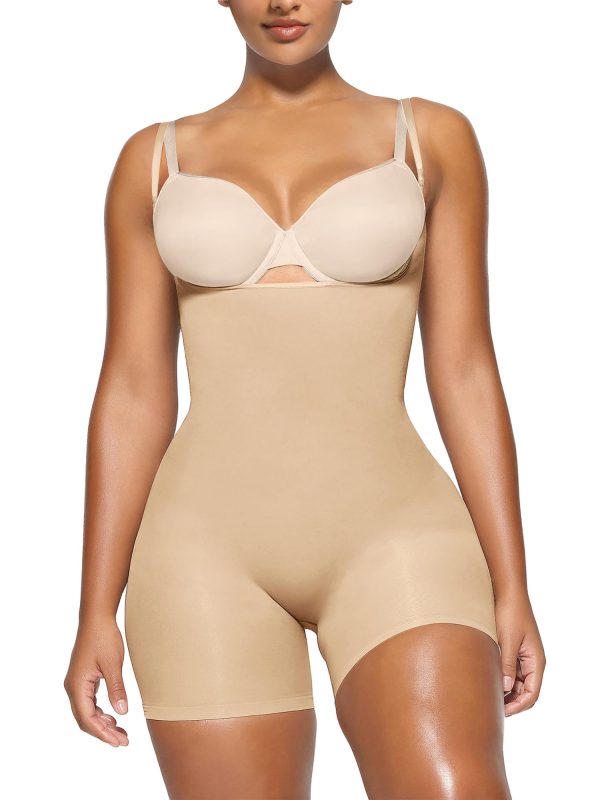Vibecurve® Bodysuit for Women Tummy Control Shapewear Open Bust Mid-Thigh Sculpting Body Shaper, Beige · S/M