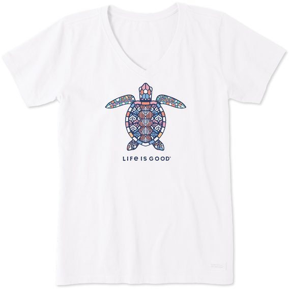 Life is Good Women's Mandala Turtle Crusher Vee Short Sleeve T-Shirt in Cloud White Size XS | 100% Cotton