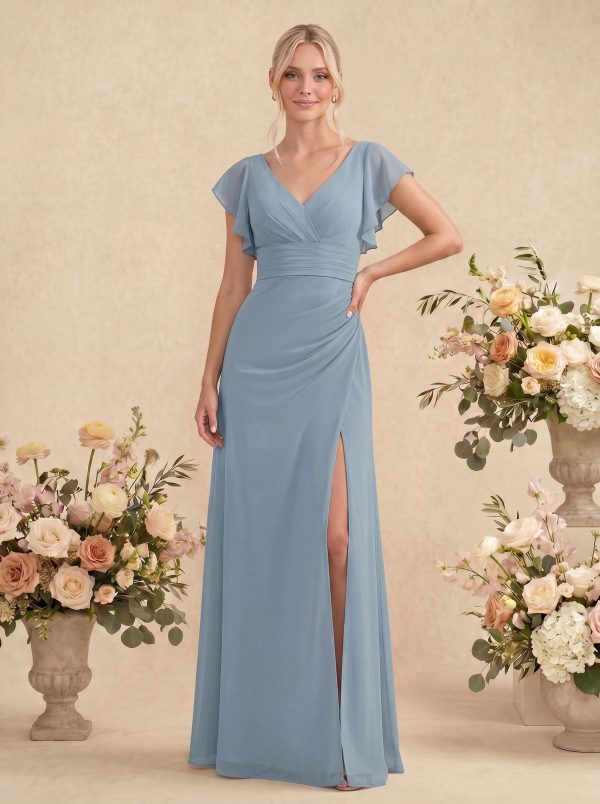 A-Line V-Neck Cape Sleeves Floor-Length Chiffon Bridesmaid Dresses With High Split/Shoulder Ruffle at Missacc