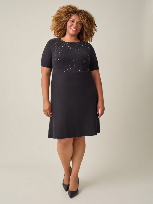 Quarter Sleeve Crew Neck Dress, Black at Kasper Clothing