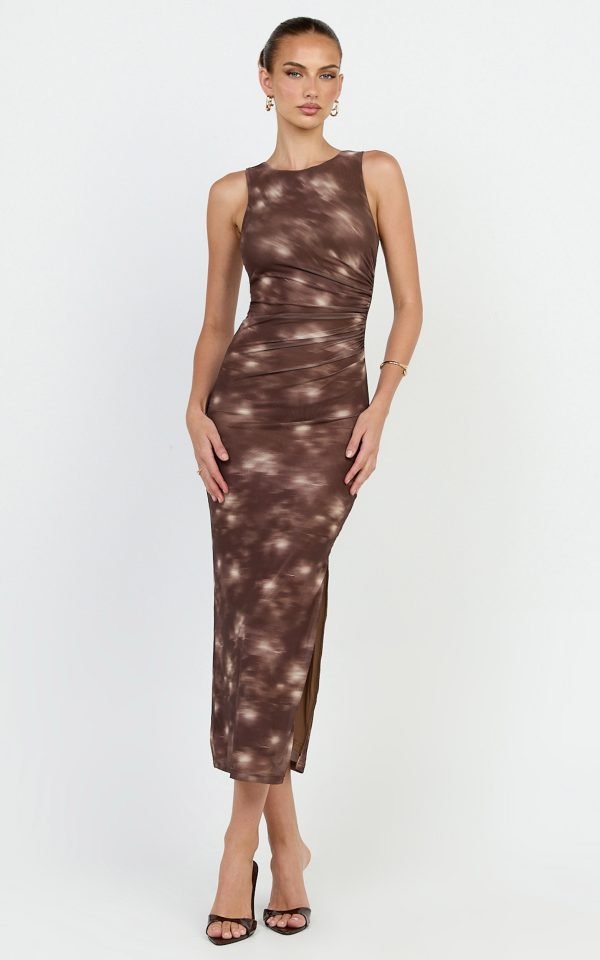 Loralie Midi Dress - Mesh High Neck Bodycon Dress in Chocolate Blurred Print at Showpo
