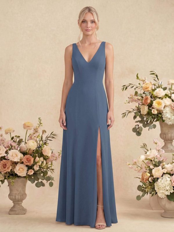 Simple Trumpet/Mermaid Plunge Neck Floor-Length Chiffon Bridesmaid With Split Front at Missacc