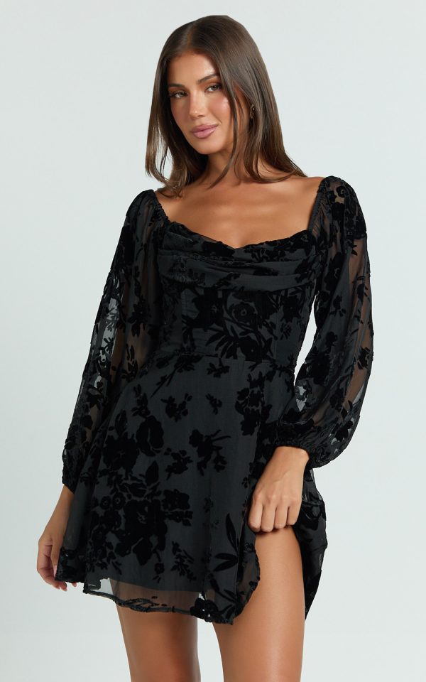 Jessell Mini Dress - Long Sleeve Cowl Corset Dress in Ebony Burnout at Showpo
