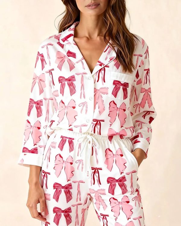 Valentine's Day Bow Satin Pajama Set - White / 2XL at Omfort