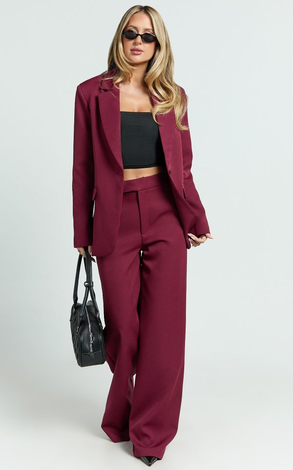 Selena Pants - High Waisted Wide Leg Tailored Pants in Wine at Showpo
