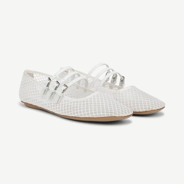 Franco Sarto Franco Tatum Strappy Ballet Flat Shoes (White Fabric) 6.5 M Round Toe, Buckle Closure