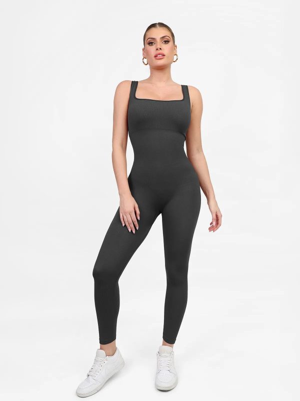 Shapewear Square Neck Tank Workout Seamless Jumpsuit - Grey / XXL at Popilush