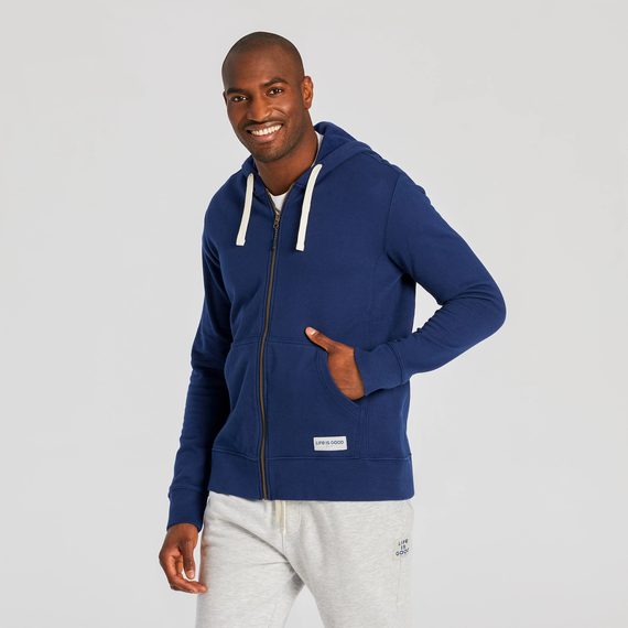 Life is Good Men's Solid Simply True Fleece Zip Hoodie Long Sleeve in Darkest Blue Size Medium | 100% Cotton